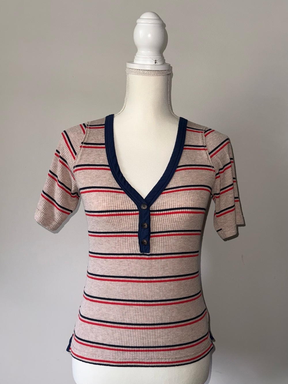 Free People Striped V-Neck Ribbed Tee in Beige, Navy, and Red